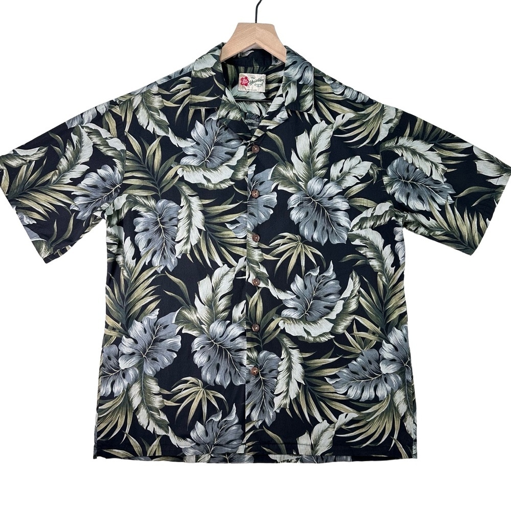 Hilo Hattie Blue Floral Pattern Short Sleeve Button Up Collared Hawaiian Shirt L